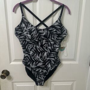 Prana Black and White Leaf Print One Piece Swimsuit